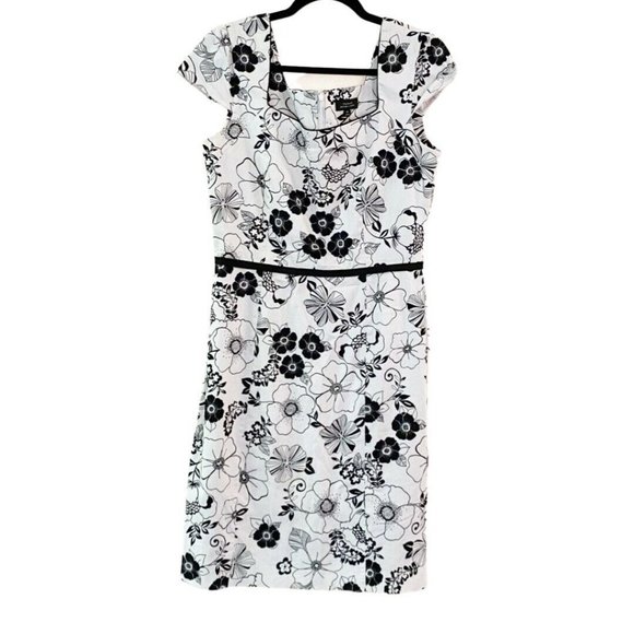 Tahari Cap Sleeve Square Neck White-Black Stencil Floral Cotton Dress Size 10 - Picture 5 of 8